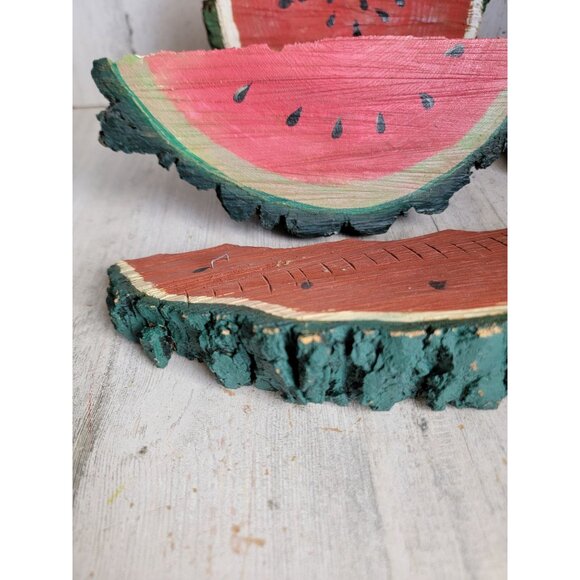 Vintage folk art bark wooden watermelon fruit piece set decor summer home - Picture 3 of 12